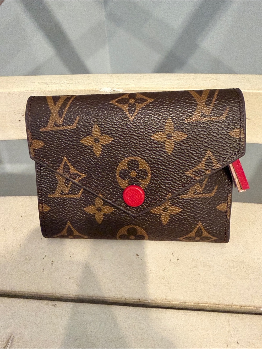 Brown Monogram Compact Wallet with Red Accent